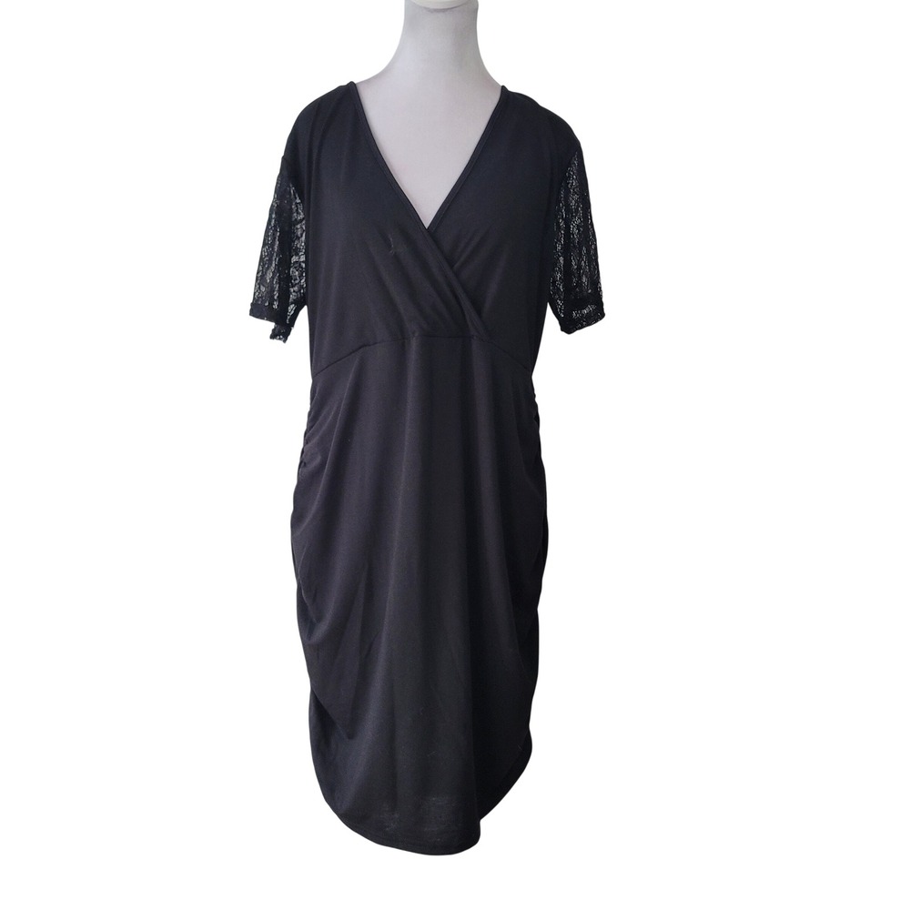 Unbranded 1XL Bodycon Dress Womens Black Lace Sleeve Ruched Wrap V-Neck